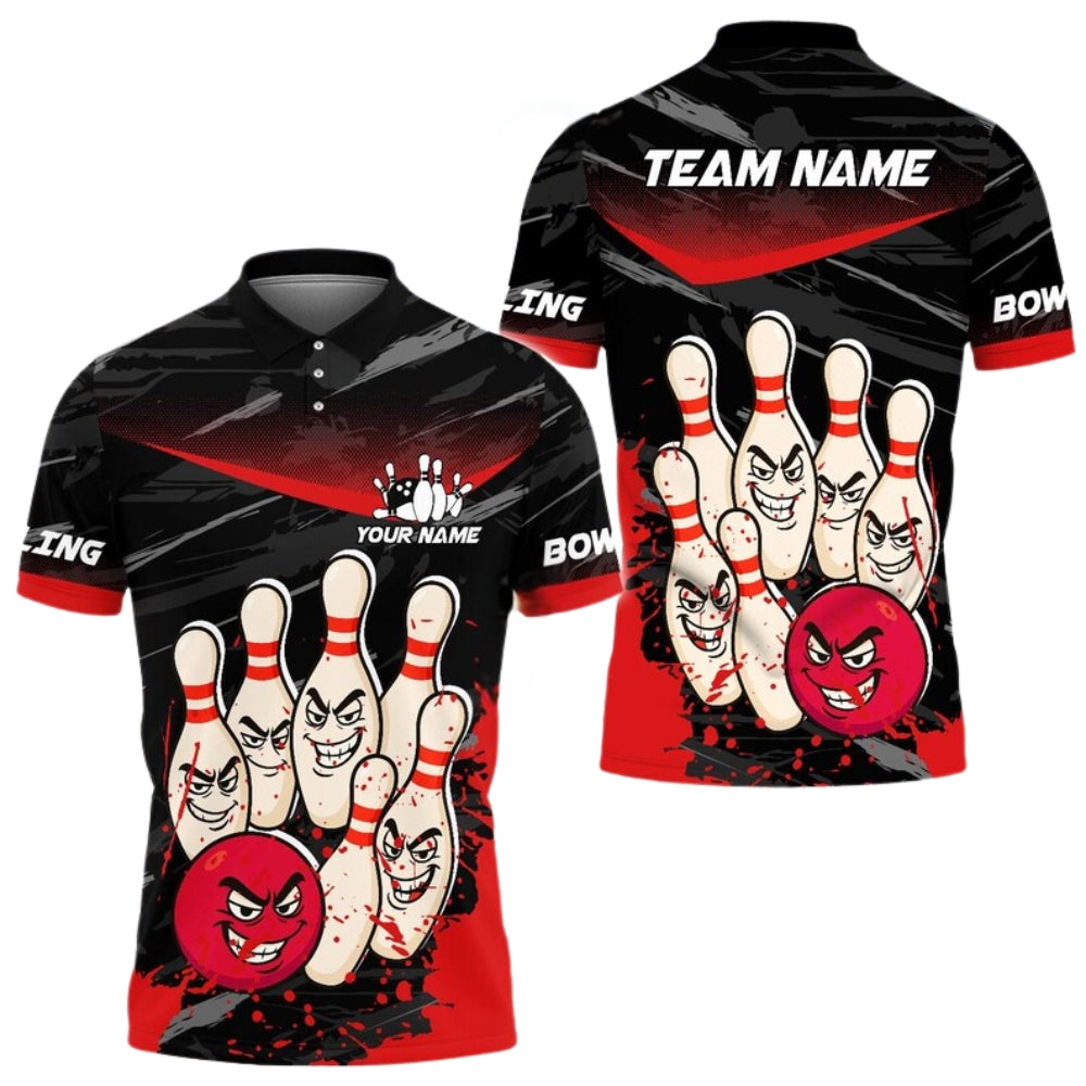 Angry Ball vs Screaming Pins Custom Blue Bowling Polo Shirt Mens, Custom Funny Bowling Team Shirts BE0114