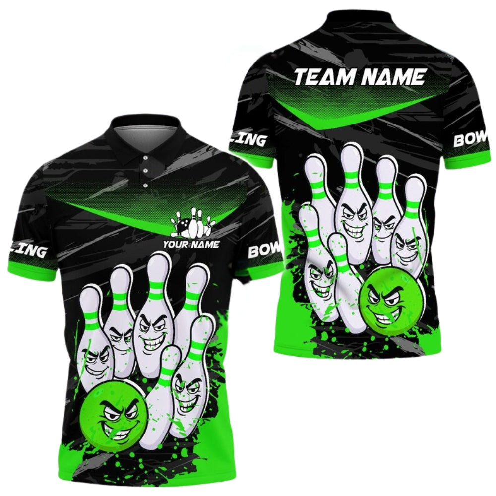 Angry Ball vs Screaming Pins Custom Blue Bowling Polo Shirt Mens, Custom Funny Bowling Team Shirts BE0114