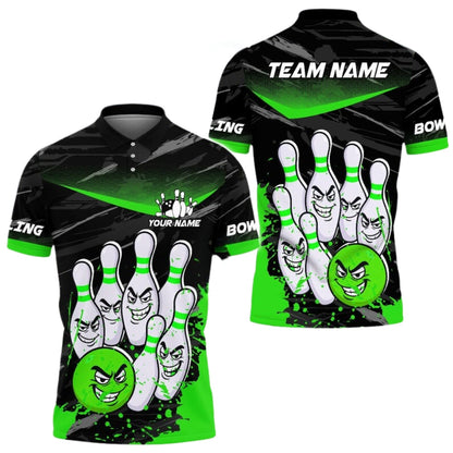 Angry Ball vs Screaming Pins Custom Blue Bowling Polo Shirt Mens, Custom Funny Bowling Team Shirts BE0114