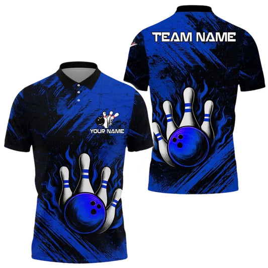 Custom Blue Flame Bowling Polo Shirts For Mens, Custom Flame Bowling Shirts For Team BE0118