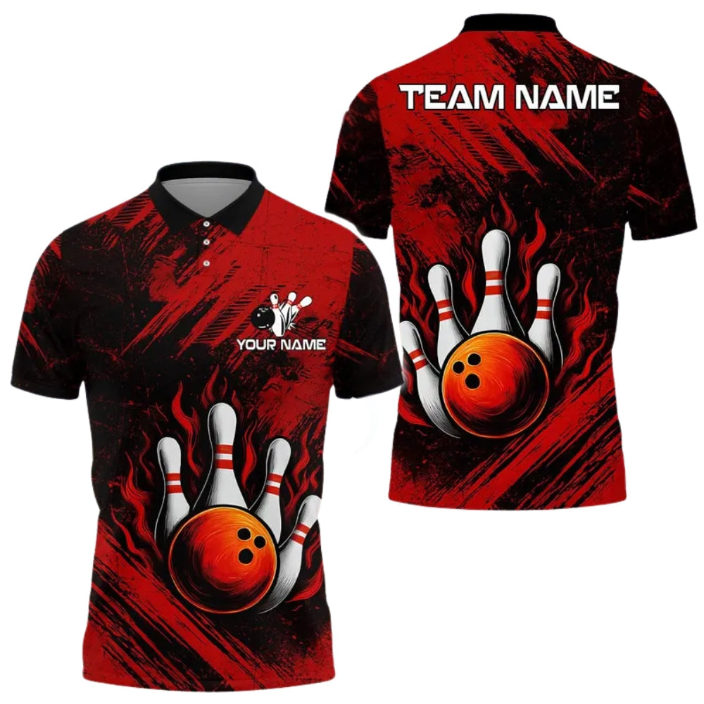 Custom Blue Flame Bowling Polo Shirts For Mens, Custom Flame Bowling Shirts For Team BE0118