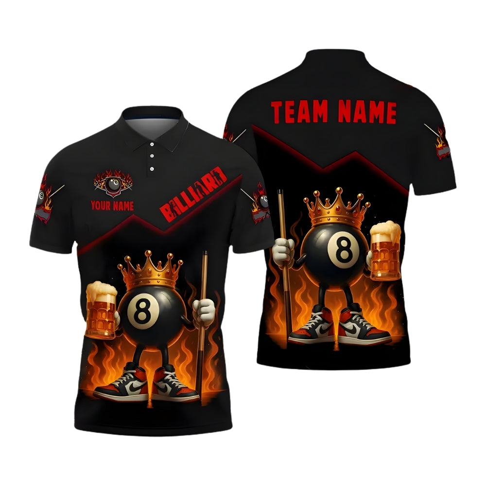 Custom Beer 8 Ball King Billiard Polo Team Shirt For Men, Custom Flame Beer Pool Billiard Shirt BIE0002