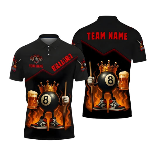 Custom Beer 8 Ball King Billiard Polo Team Shirt For Men, Custom Flame Beer Pool Billiard Shirt BIE0002