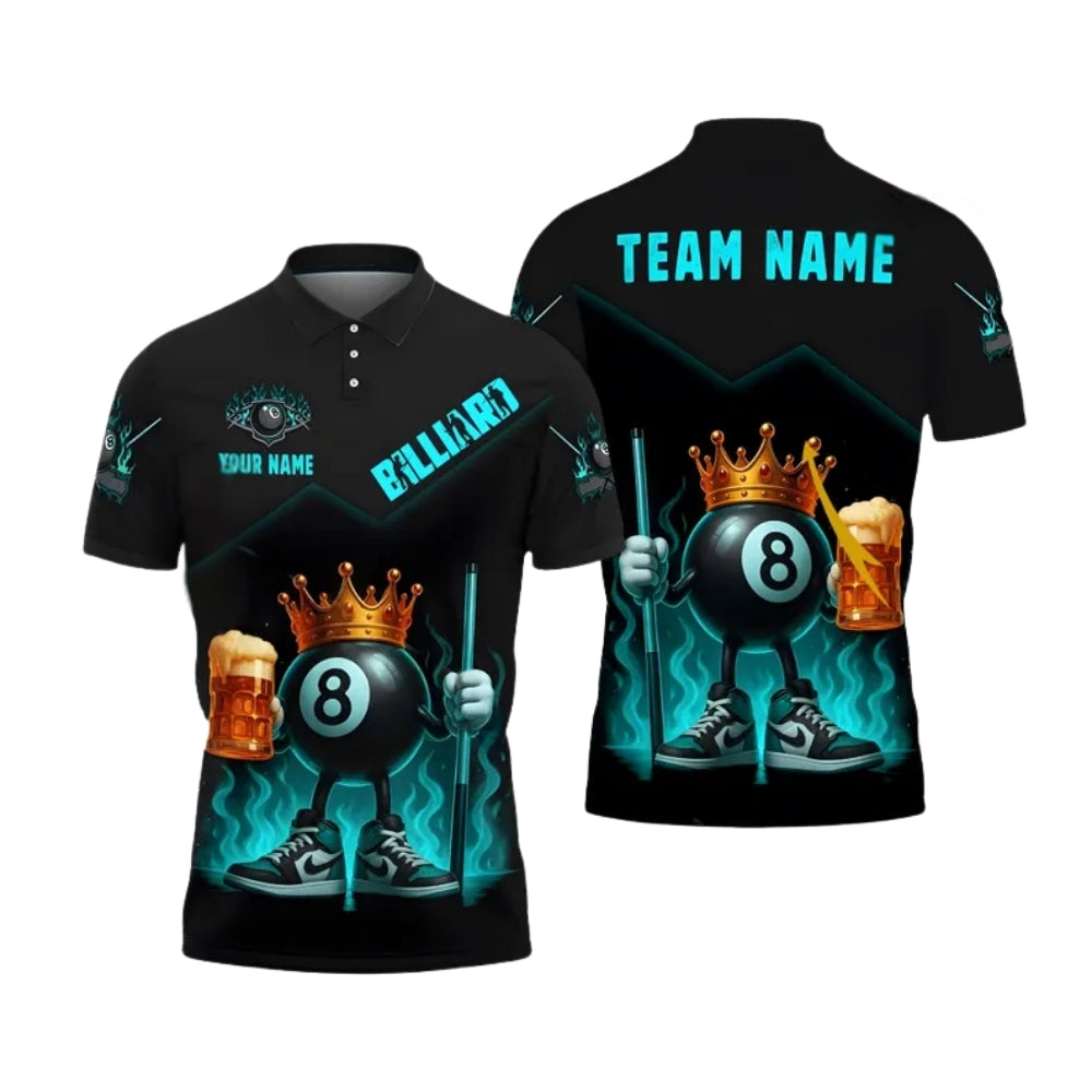 Custom Beer 8 Ball King Billiard Polo Team Shirt For Men, Custom Flame Beer Pool Billiard Shirt BIE0002
