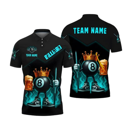 Custom Beer 8 Ball King Billiard Polo Team Shirt For Men, Custom Flame Beer Pool Billiard Shirt BIE0002