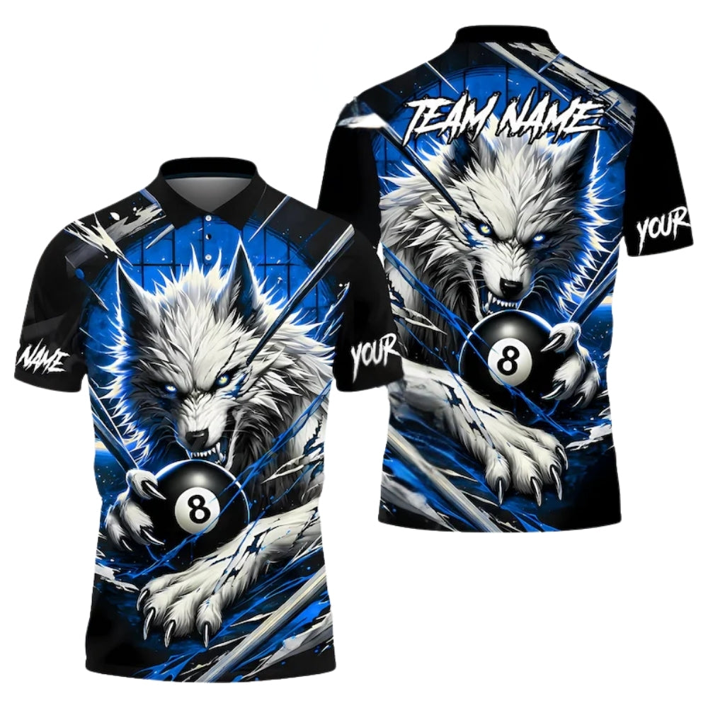Custom Wolf 8 Ball Black And Blue Billiard Polo Shirt For Men, Custom Wolf Billiard Team Shirts BIE0004