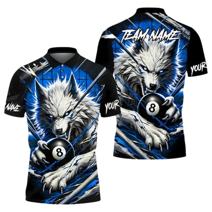 Custom Wolf 8 Ball Black And Blue Billiard Polo Shirt For Men, Custom Wolf Billiard Team Shirts BIE0004