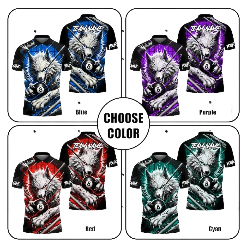 Custom Wolf 8 Ball Black And Blue Billiard Polo Shirt For Men, Custom Wolf Billiard Team Shirts BIE0004