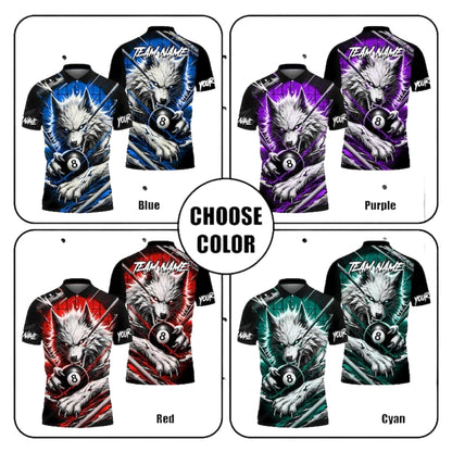 Custom Wolf 8 Ball Black And Blue Billiard Polo Shirt For Men, Custom Wolf Billiard Team Shirts BIE0004