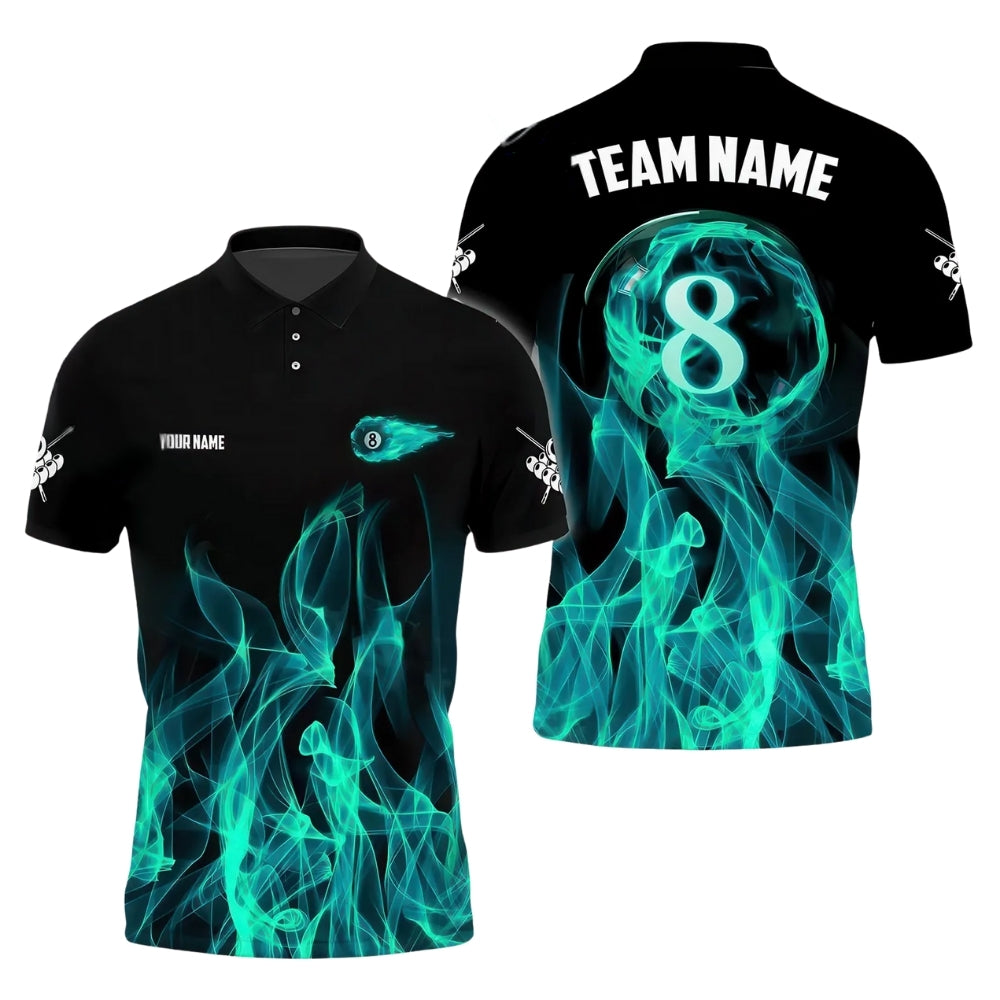 Custom Blue Flame 8 Ball Billiard Polo Shirt Mens, Custom Flame Pool Billiard Team Shirts BIE0007
