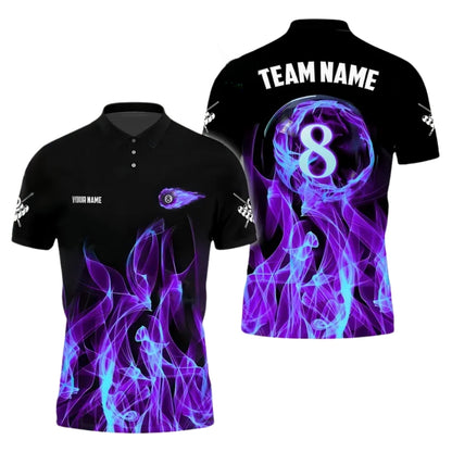 Custom Blue Flame 8 Ball Billiard Polo Shirt Mens, Custom Flame Pool Billiard Team Shirts BIE0007