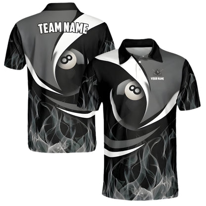 Custom Grey Flame 8 Ball Billiard Polo Shirt Mens, Custom Flame Pool Billiard Team Shirt BIE0011
