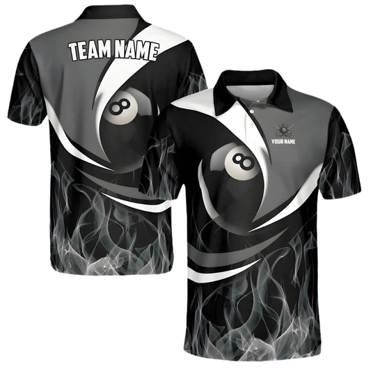 Custom Grey Flame 8 Ball Billiard Polo Shirt Mens, Custom Flame Pool Billiard Team Shirt BIE0011