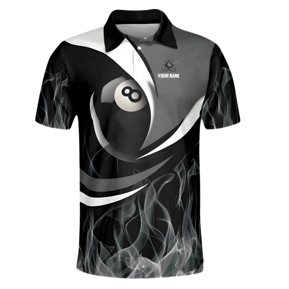 Custom Grey Flame 8 Ball Billiard Polo Shirt Mens, Custom Flame Pool Billiard Team Shirt BIE0011