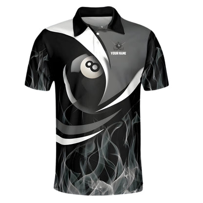 Custom Grey Flame 8 Ball Billiard Polo Shirt Mens, Custom Flame Pool Billiard Team Shirt BIE0011