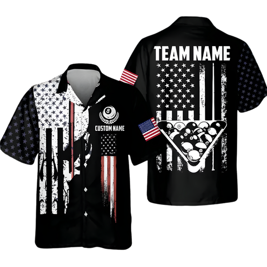 Custom Skull USA Flag Billiard Hawaiian Shirt Mens, Custom Skull Patriotic Team Shirts BIE0013