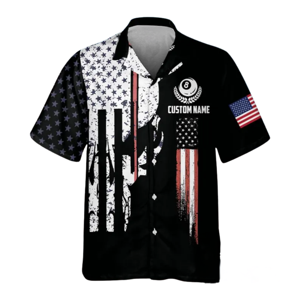 Custom Skull USA Flag Billiard Hawaiian Shirt Mens, Custom Skull Patriotic Team Shirts BIE0013