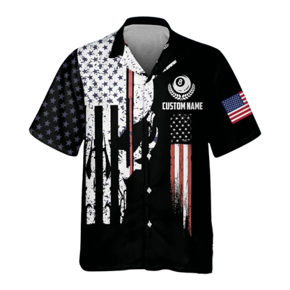 Custom Skull USA Flag Billiard Hawaiian Shirt Mens, Custom Skull Patriotic Team Shirts BIE0013