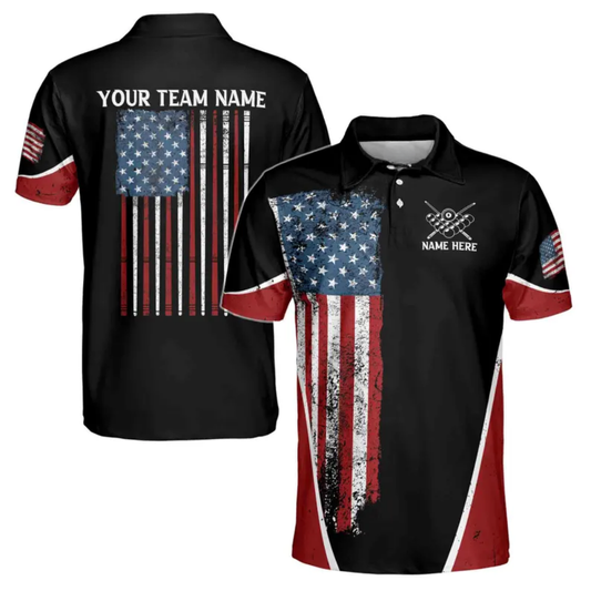 Custom American Flag Red White And Blue Billiard Men Polo Shirts, Custom Patriotic Billiard Team Shirts BIE0016