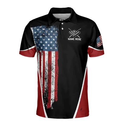 Custom American Flag Red White And Blue Billiard Men Polo Shirts, Custom Patriotic Billiard Team Shirts BIE0016