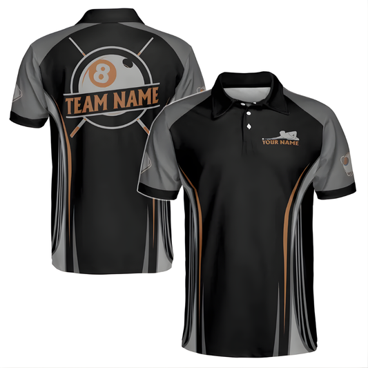 Custom 8 Ball Polo Team Shirt For Men, Custom Black Grey Pool Billiard Shirts BIE0017