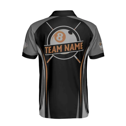Custom 8 Ball Polo Team Shirt For Men, Custom Black Grey Pool Billiard Shirts BIE0017