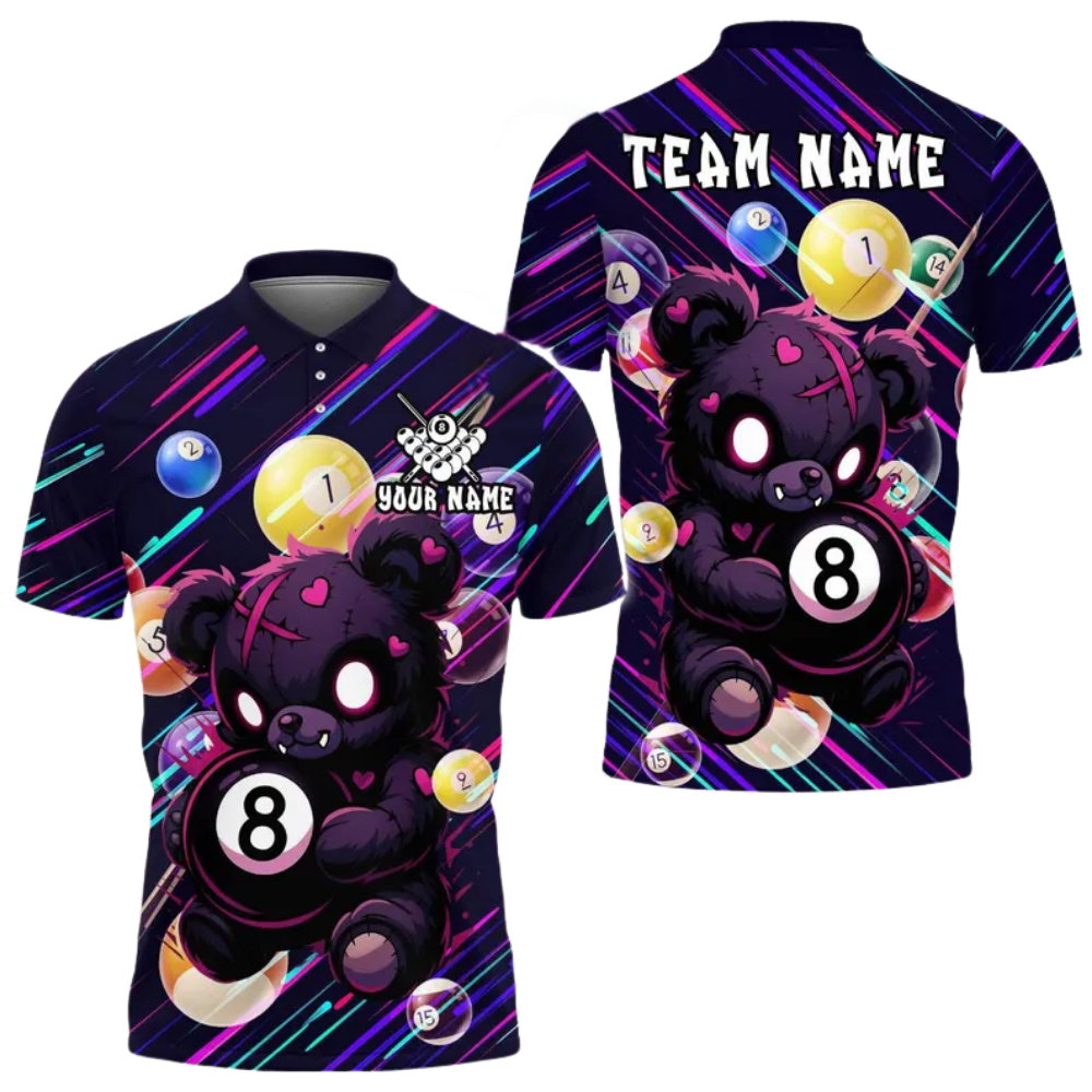 Custom Teddy Bear 8 Ball Billiard Polo Shirt For Men, Custom Bear Billiard Team Shirts BIE0020