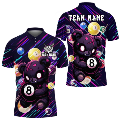 Custom Teddy Bear 8 Ball Billiard Polo Shirt For Men, Custom Bear Billiard Team Shirts BIE0020