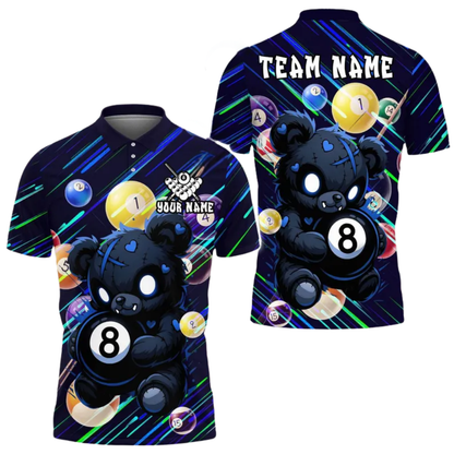 Custom Teddy Bear 8 Ball Billiard Polo Shirt For Men, Custom Bear Billiard Team Shirts BIE0020