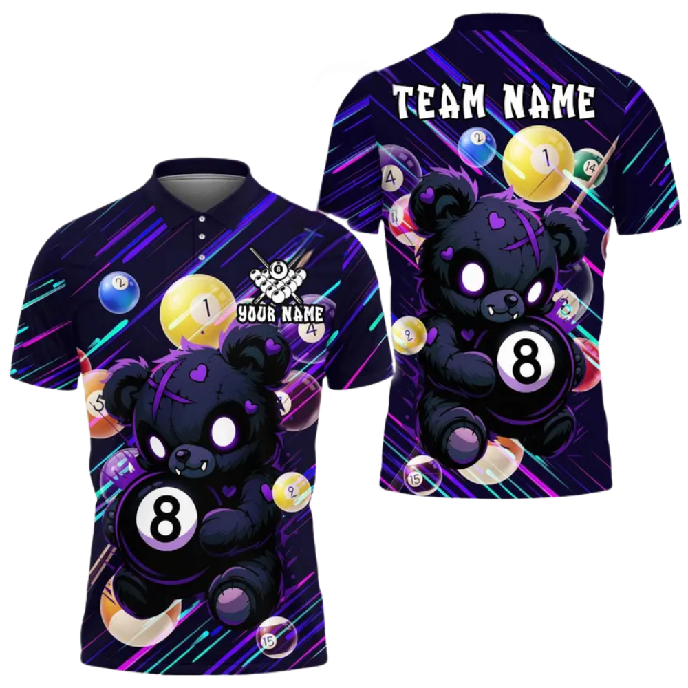 Custom Teddy Bear 8 Ball Billiard Polo Shirt For Men, Custom Bear Billiard Team Shirts BIE0020
