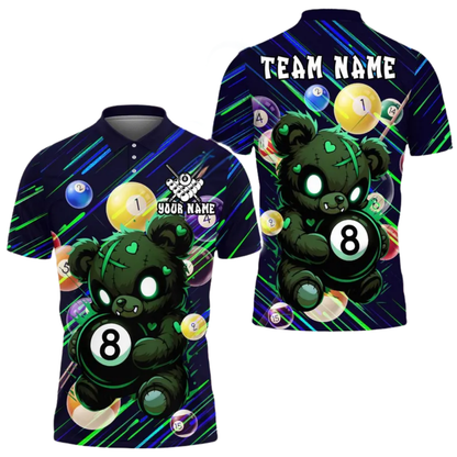 Custom Teddy Bear 8 Ball Billiard Polo Shirt For Men, Custom Bear Billiard Team Shirts BIE0020