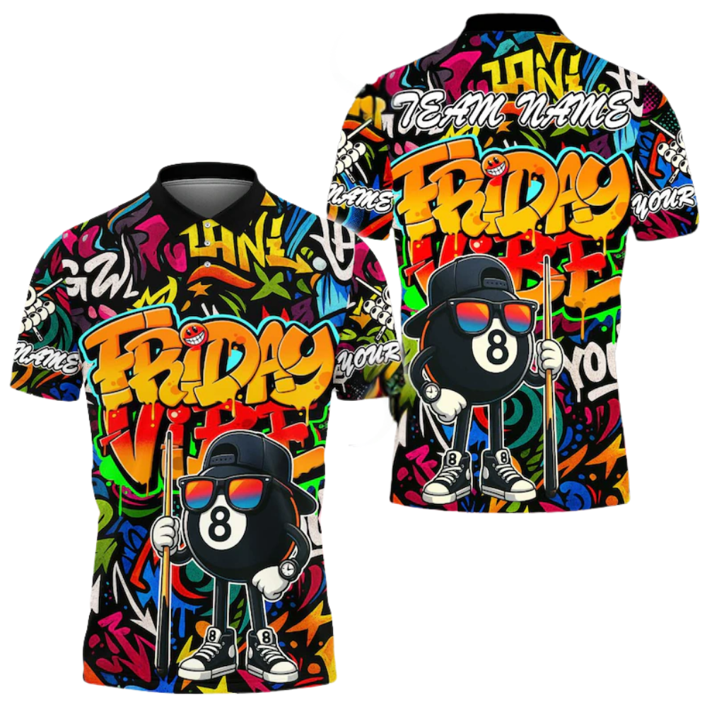 Friday Vibe Custom Graffiti 8 Ball Polo Shirt Mens, Custom Funny Graffiti Billiard Team Shirts BIE0023