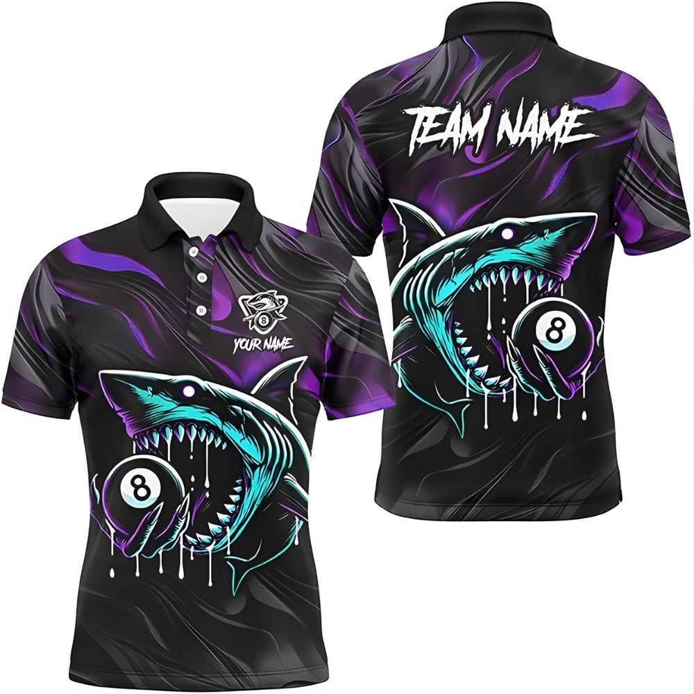 Custom Black And Purple Shark Billiad Polo Shirt Men, Custom Shark 8 Ball Pool Billiard Team Shirt BIZ0005