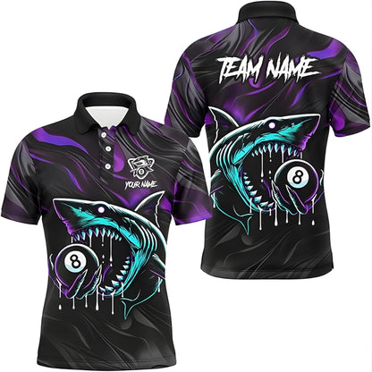 Custom Black And Purple Shark Billiad Polo Shirt Men, Custom Shark 8 Ball Pool Billiard Team Shirt BIZ0005