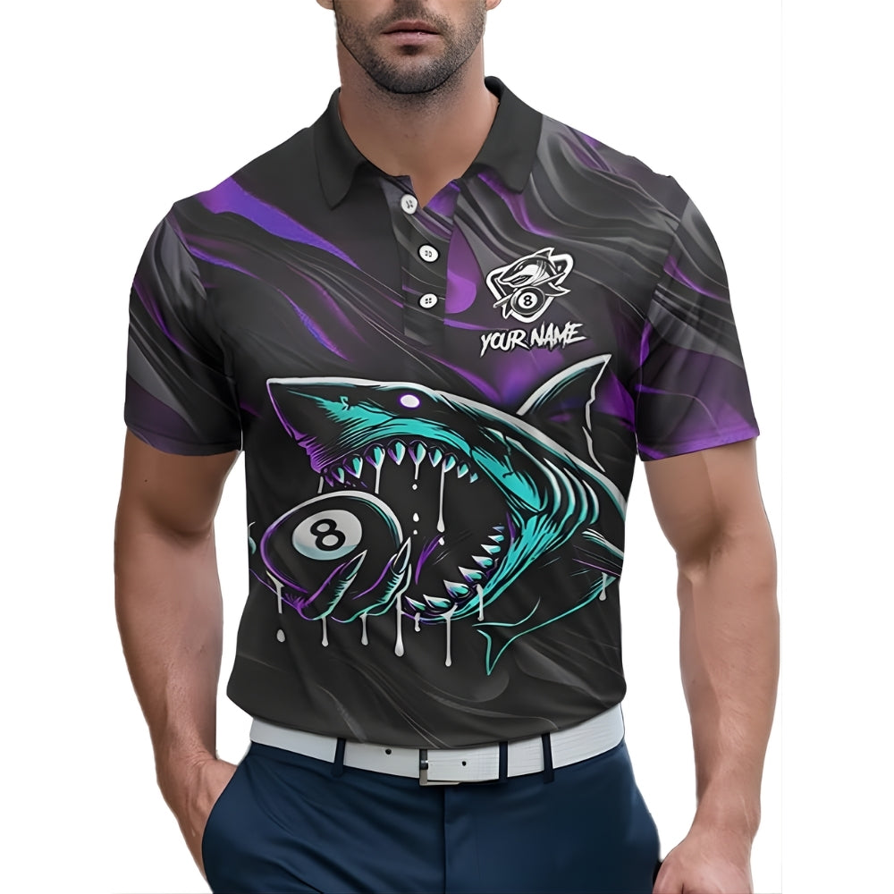 Custom Black And Purple Shark Billiad Polo Shirt Men, Custom Shark 8 Ball Pool Billiard Team Shirt BIZ0005