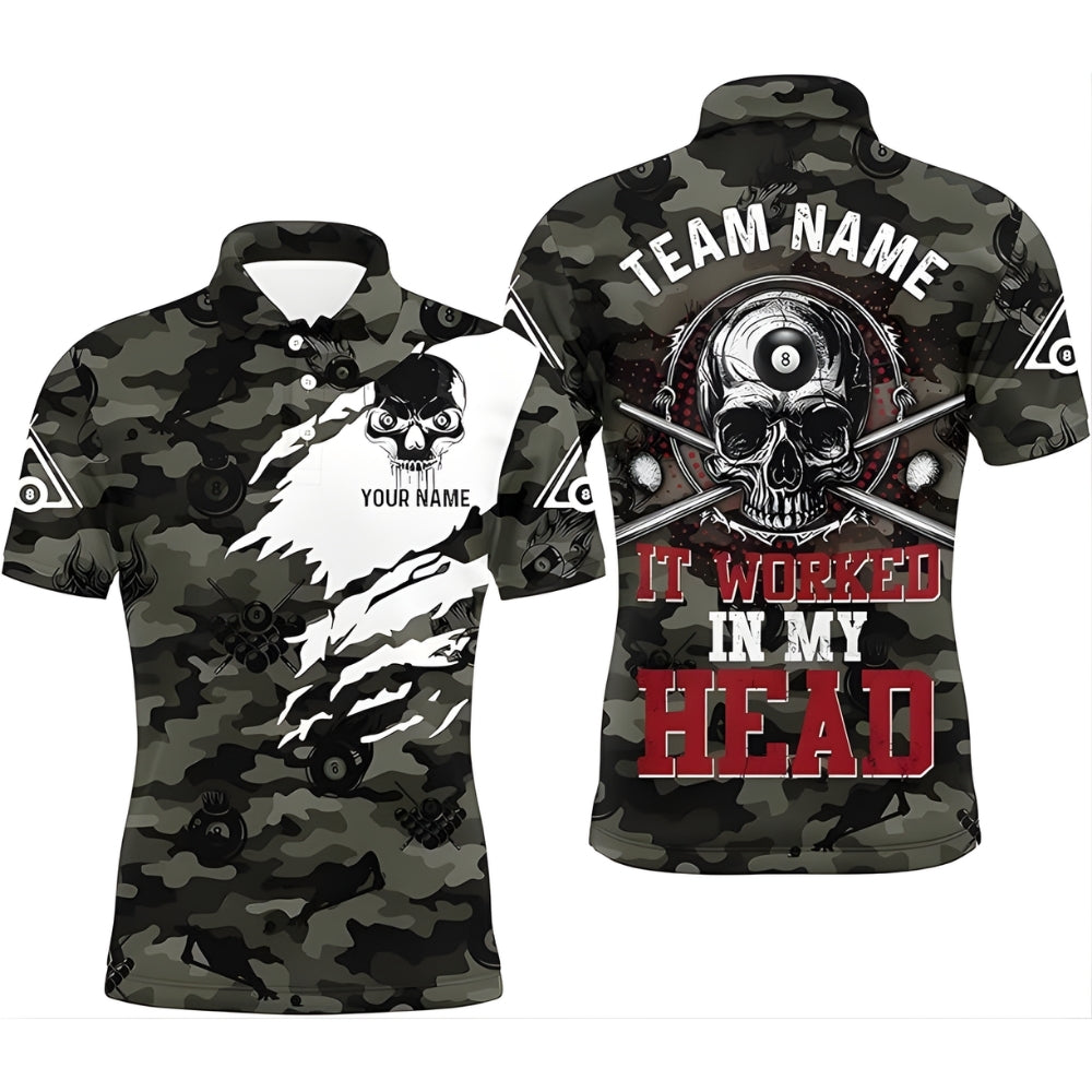 It Worked In My Head Custom Camo Skull Billiard Polo Team Shirt Mens, Custom Funny Skull Pool Billiard Shirt BIZ0007