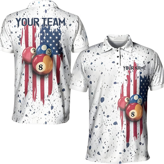 Custom American Flag 8 Ball Billiard Polo Shirt Mens, Custom Patriotic Pool Team Shirts BIZ0008