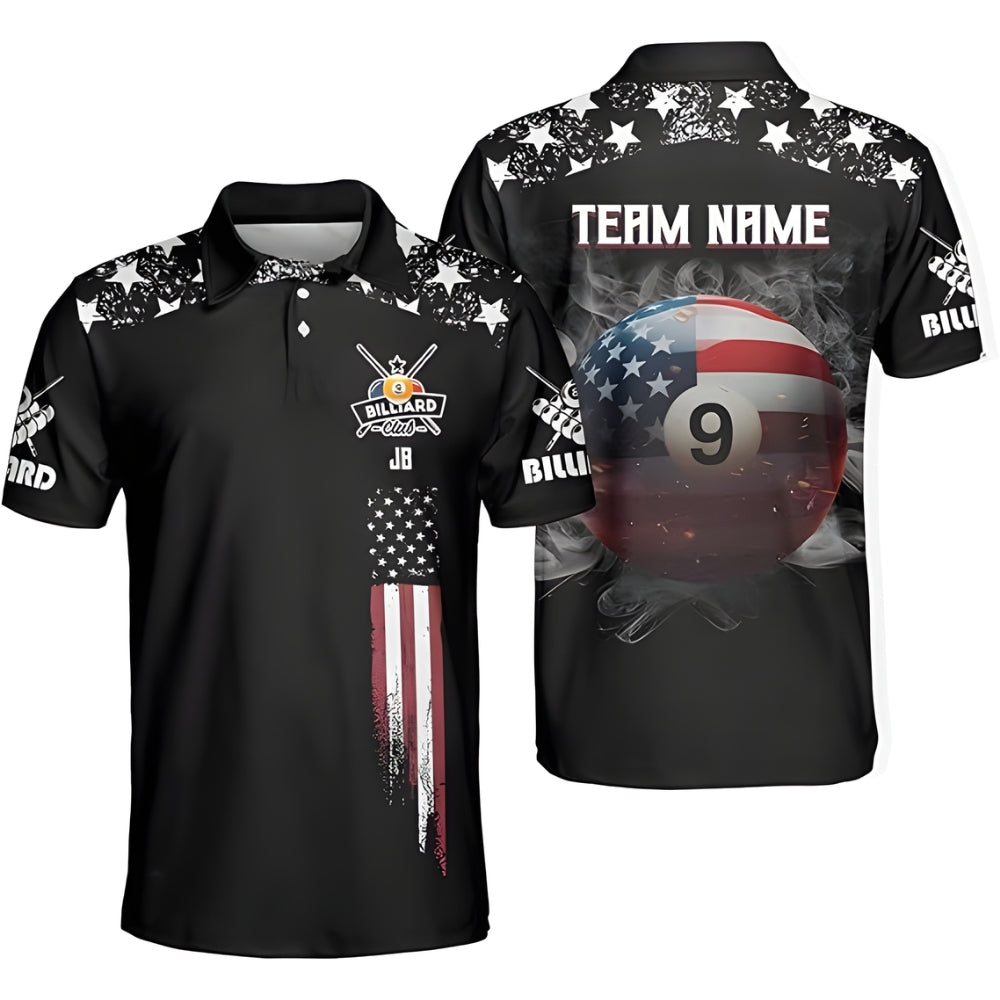 Custom American Flag 9 Ball Billiard Polo Shirt Mens, Custom Patriotic Pool Billiard Team Shirts BIZ0010