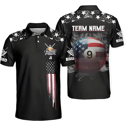 Custom American Flag 9 Ball Billiard Polo Shirt Mens, Custom Patriotic Pool Billiard Team Shirts BIZ0010