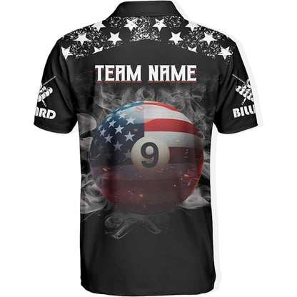 Custom American Flag 9 Ball Billiard Polo Shirt Mens, Custom Patriotic Pool Billiard Team Shirts BIZ0010