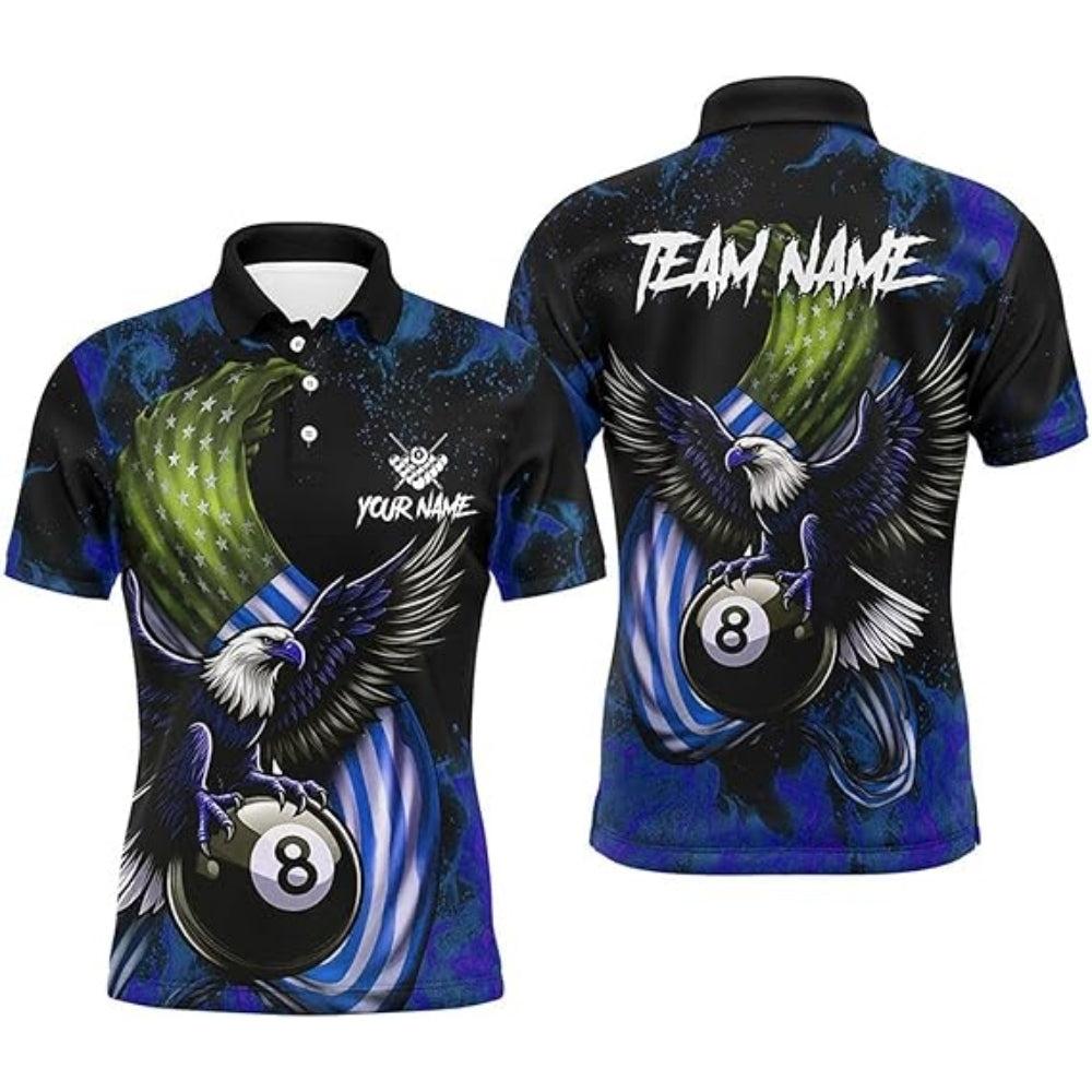 Custom Eagle American Flag Billiard Polo Shirt Men, Men's Custom Eagle Pool Billiard Team Shirt BIZ0013