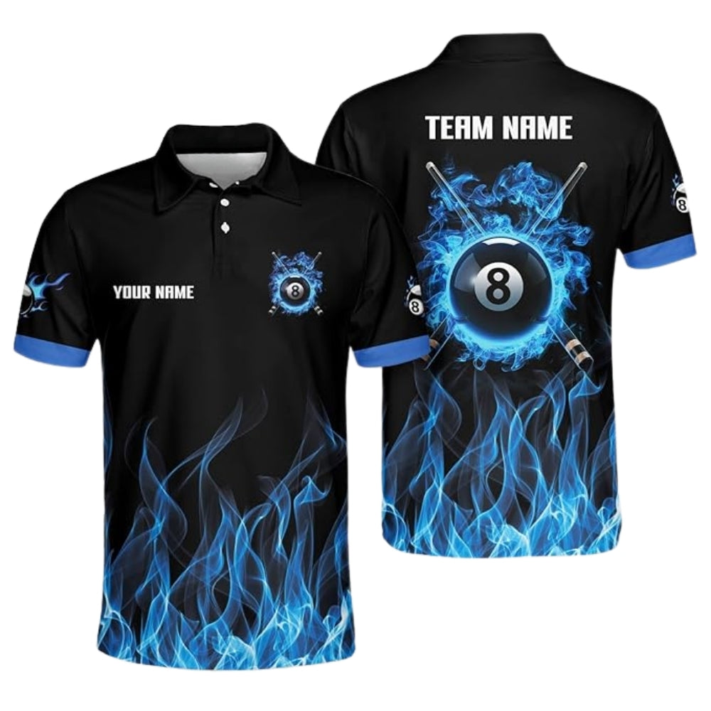 Custom Blue Flame 8 Ball Billiard Polo Shirt Mens, Custom Flame Pool Billiard Team Shirts BIZ0020