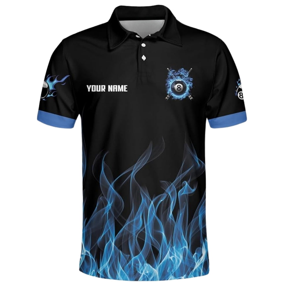 Custom Blue Flame 8 Ball Billiard Polo Shirt Mens, Custom Flame Pool Billiard Team Shirts BIZ0020