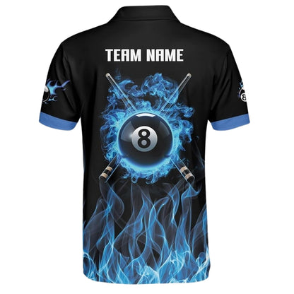 Custom Blue Flame 8 Ball Billiard Polo Shirt Mens, Custom Flame Pool Billiard Team Shirts BIZ0020