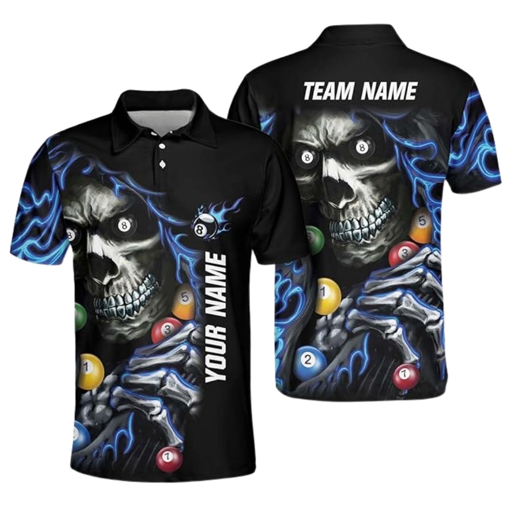 Custom Blue Billiard Polo Shirt For Men, Custom Skull Billiard Team Shirts BIZ0009