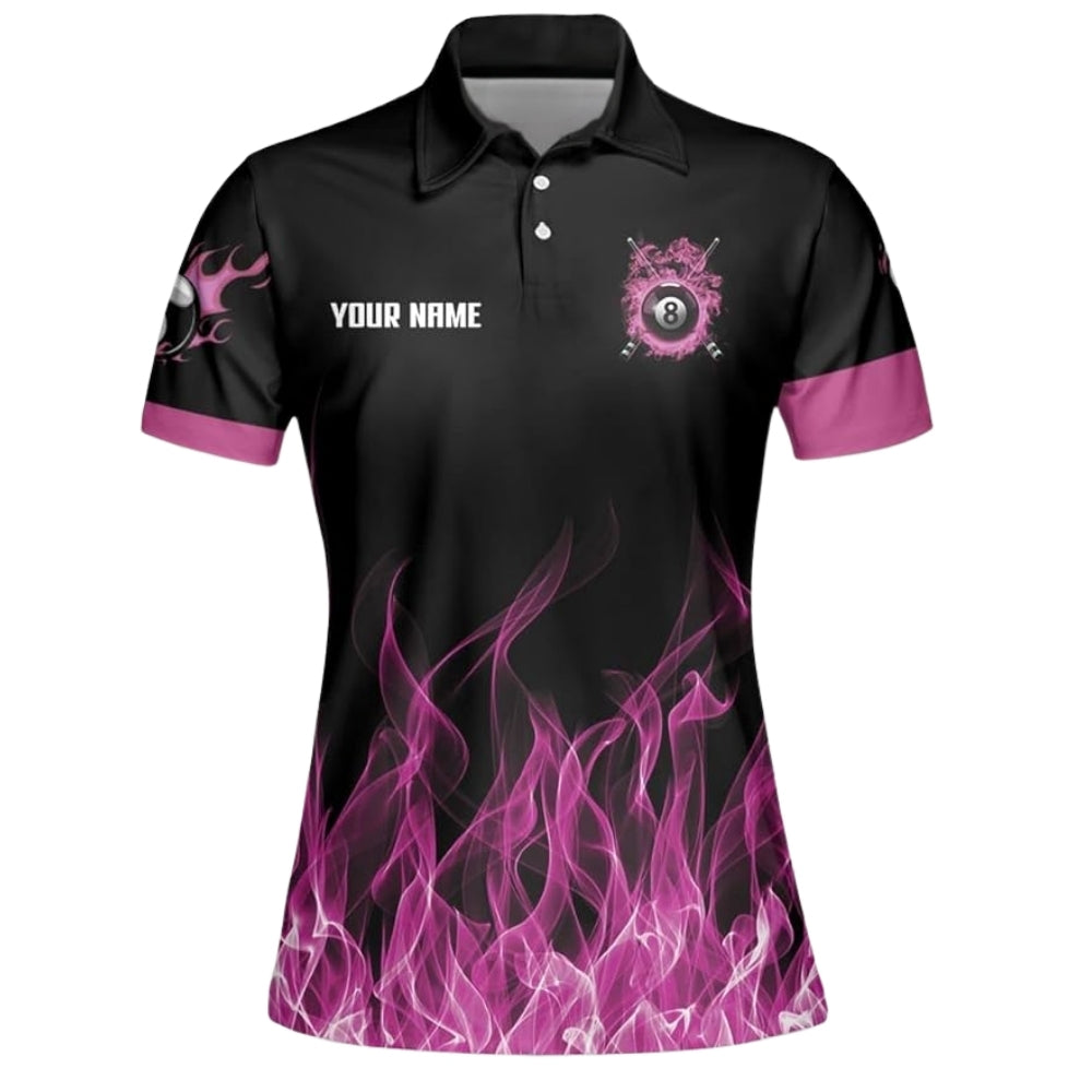 Custom Purple Flame 8 Ball Women's Billiard Polo Shirt, Custom Flame Billiard Team Shirt BIZ0025