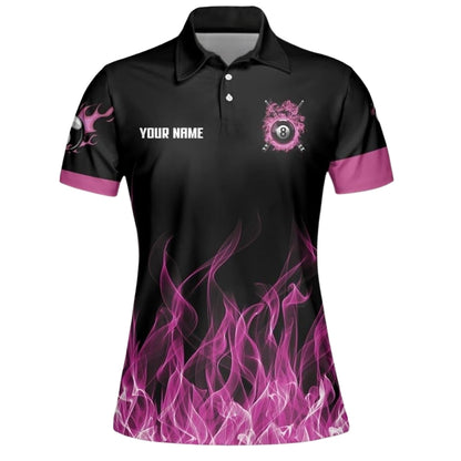 Custom Purple Flame 8 Ball Women's Billiard Polo Shirt, Custom Flame Billiard Team Shirt BIZ0025