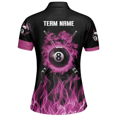Custom Purple Flame 8 Ball Women's Billiard Polo Shirt, Custom Flame Billiard Team Shirt BIZ0025