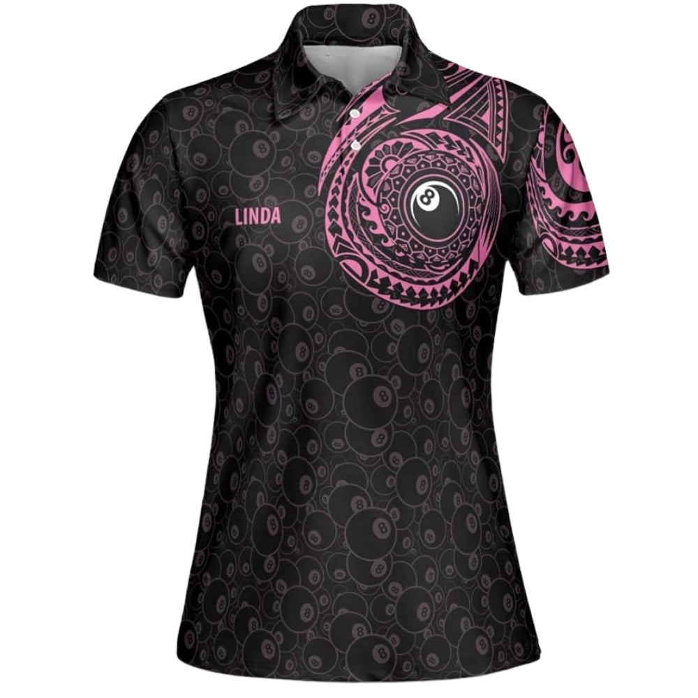 Custom Black And Pink Tribal Billiard Polo Shirt Women, Custom Tribal Billiard Team Shirt BIZ0026