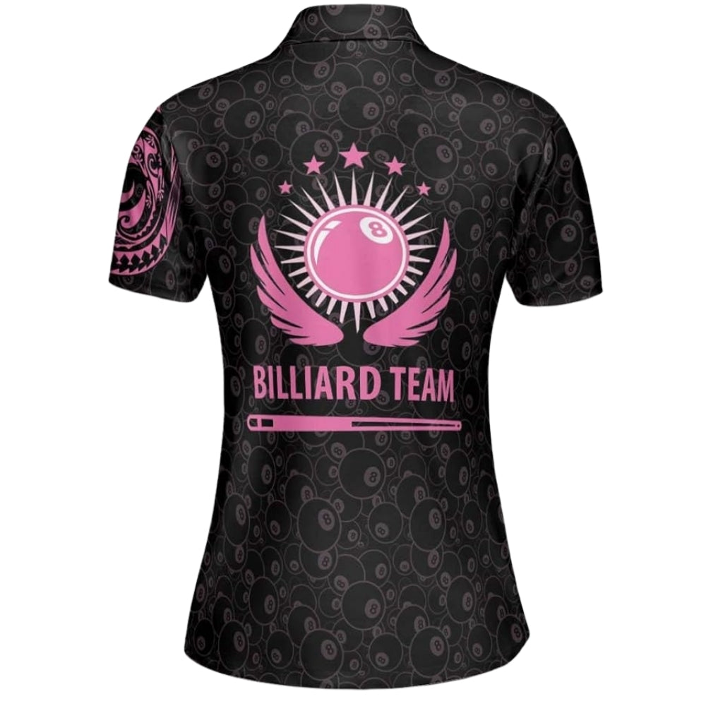 Custom Black And Pink Tribal Billiard Polo Shirt Women, Custom Tribal Billiard Team Shirt BIZ0026